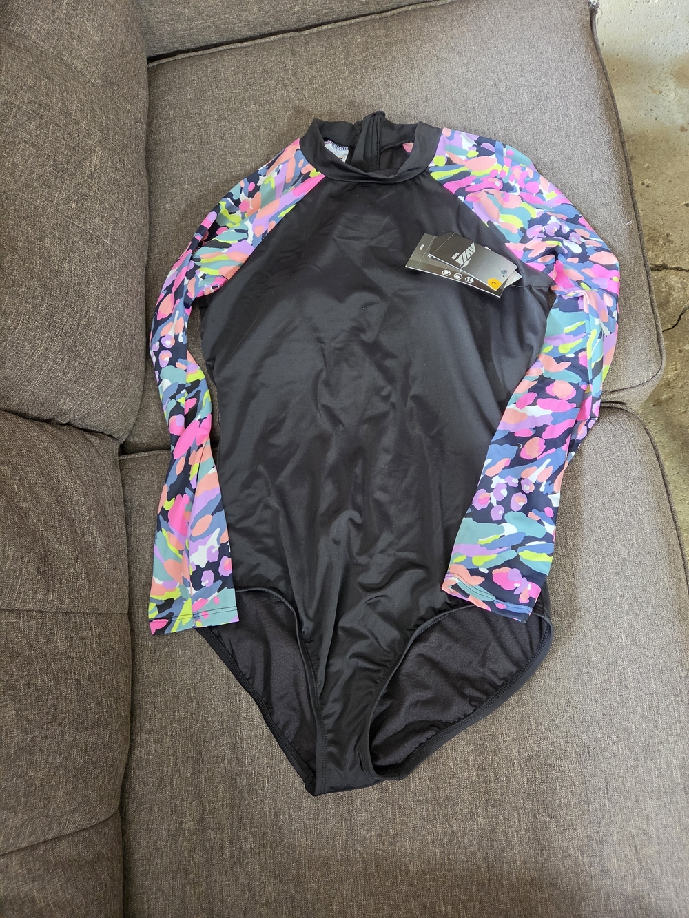 Avia Black One-Piece Swimsuit with Multicolor Print Trim